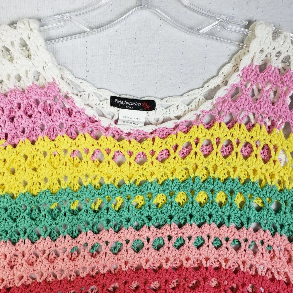 Vintage Y2K Boho Striped Colorful Fringe Crochet Knit 70s Sleeveless Top sz L/XL